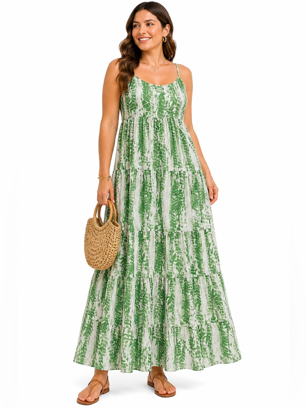 Green Printed Tiered Maxi Dress - Lightweight Summer Slip Dress